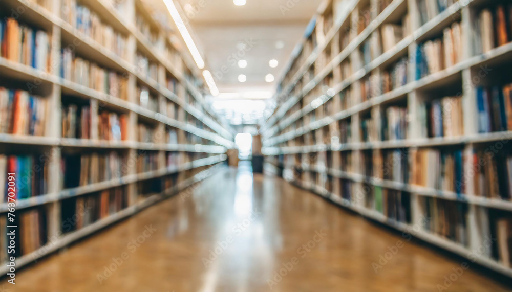 Abstract blurred public library interior space. blurry room with bookshelves by defocused effect. use for background or backdrop in business or education concepts