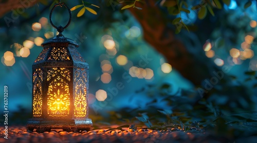 A lantern is lit in a forest setting