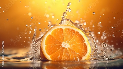 Orange fruit and water splash on bokeh background