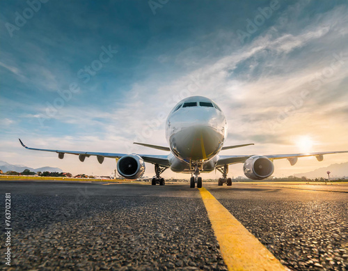 Airplane poised on airport runway in tranquil light of evening capturing intersection of travel aviation and technology scene reflects quiet moments of airliner journey after arrival or before takeoff