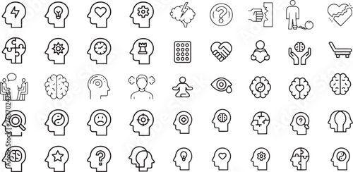 Mental health icon set. Containing depression, bipolar, PTSD, panic and mind disorder icons. Psychology solid symbol vector illustration.