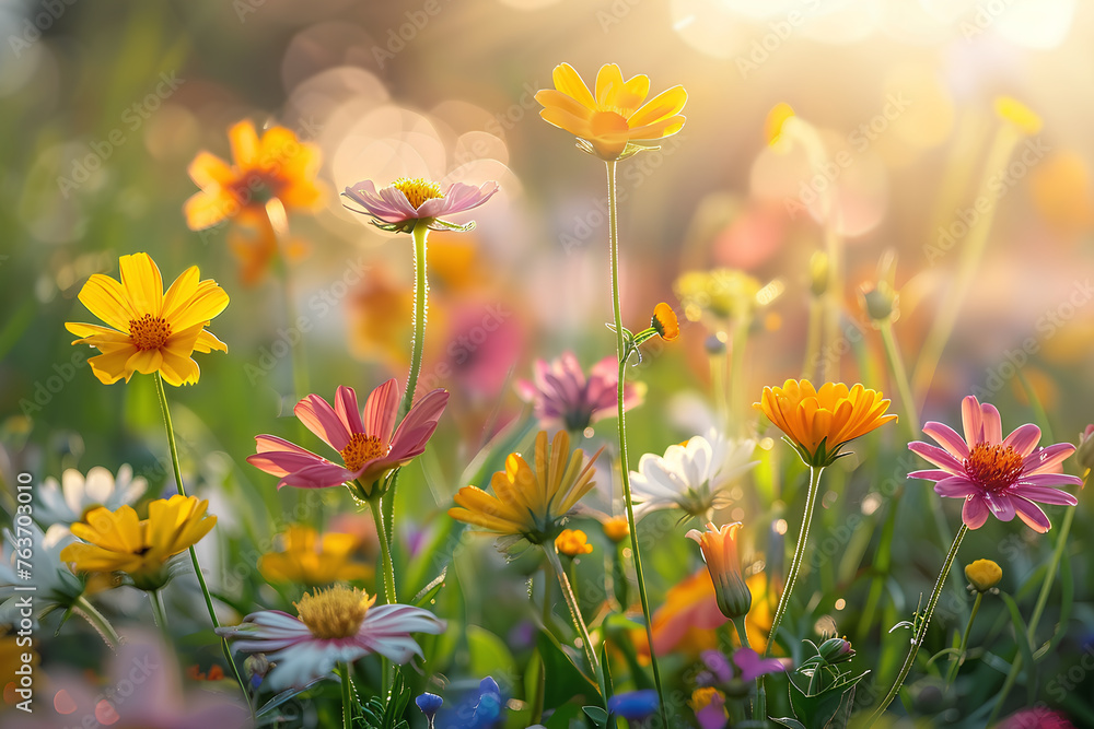 Fototapeta premium A picturesque field of vibrant wildflowers in full bloom, illuminated by soft sunlight, signaling spring's arrival.