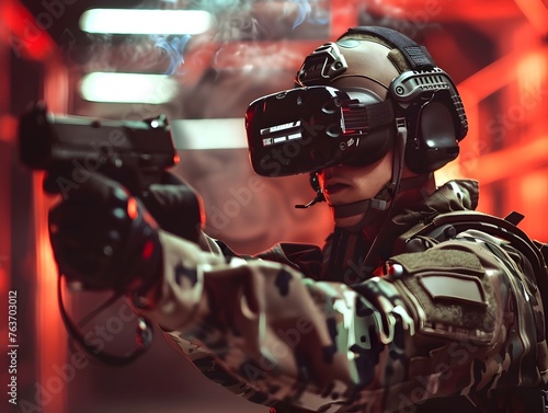 Highly Trained Special Forces Soldier Aiming Assault Rifle during Intense Nighttime Military