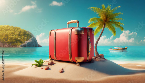 Creative summer beach with giant suitcase on island. travel concept idea. 3d rendering