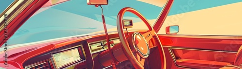 Retro Vintage Car Dashboard with Steering Wheel and Classic Design Elements