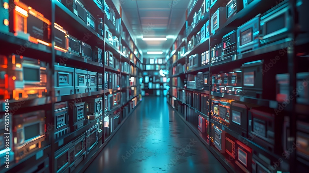 Vast Technological Corridor Filled with Organized Racks and Shelves Showcasing the Complexity of Modern Data Storage and Retrieval