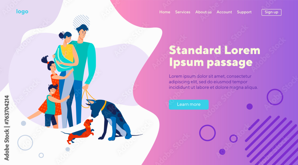 Family with kids and pets walking together. New born baby, dog, couple of parents flat vector illustration. Weekend, lifestyle, togetherness concept for banner, website design or landing web page