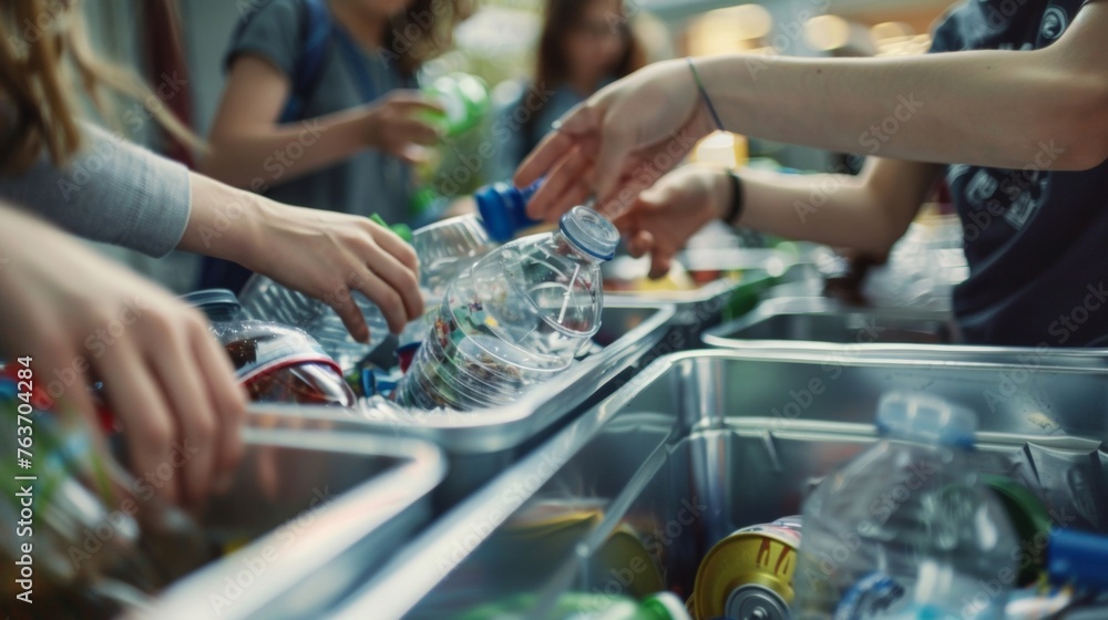 A group of students carefully sorting and separating recyclable materials in a dedicated recycling bin showcasing the commitment to creating a sustainable environment. A group of students carefully sorting and separating recyclable materials in a dedicated recycling bin showcasing the commitment to creating a sustainable environment.