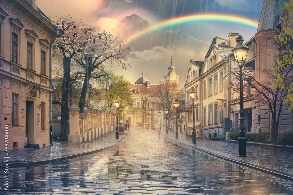 An enchanting wallpaper design capturing the magic of a rainy day in a fairytale city, with cobblestone streets lined with old-fashioned street lamps, Generative AI - obrazy, fototapety, plakaty 