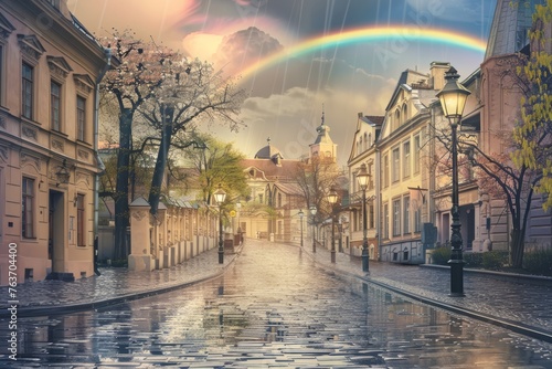 An enchanting wallpaper design capturing the magic of a rainy day in a fairytale city, with cobblestone streets lined with old-fashioned street lamps, Generative AI