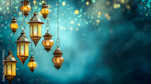 A golden Ramadhan lamp with Islamic on abstract blue background. Islamic festive greeting card photo. eid mubarak background