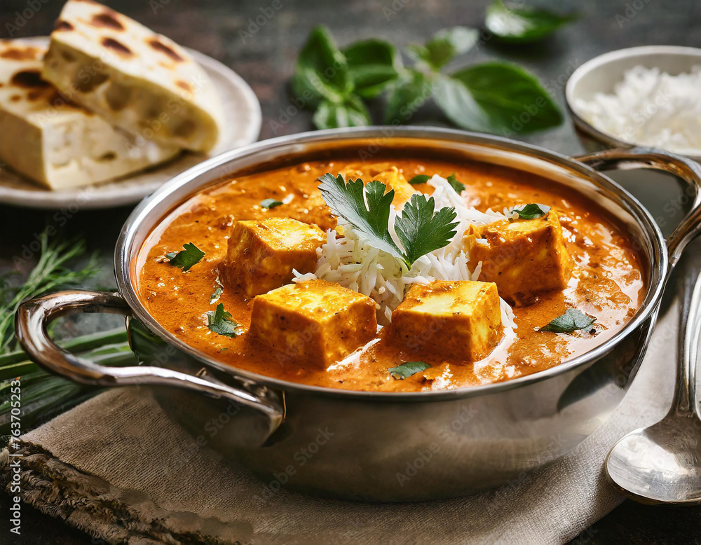 Paneer Makhani Butter Masala Curry on Selective Focus Background