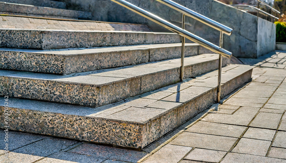 Rough Railing Outdoor concrete stair covered with rough granite tiles. Step of ...