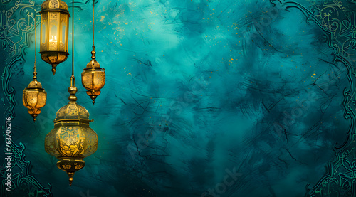 A golden Ramadhan lamp with Islamic on abstract blue background. Islamic festive greeting card photo. eid mubarak background photo
