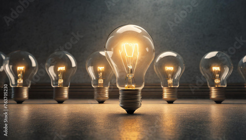 One of Lightbulb glowing among shutdown light bulb in dark area with copy space for creative thinking , problem solving solution and outstanding concept by 3d rendering technique