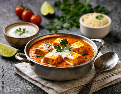 Paneer Makhani Butter Masala Curry on Selective Focus Background