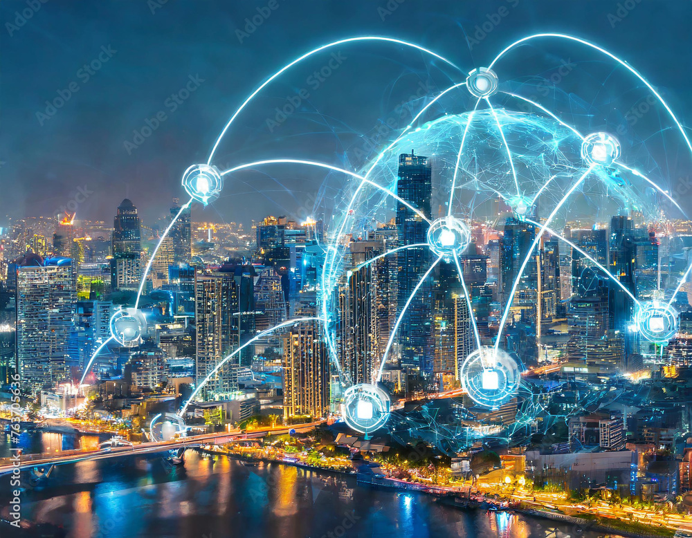 Smart city with wireless network connection and cityscape.big data connection technology concept.Wireless network and Connection technology concept with city background at night