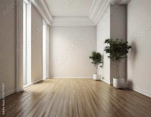 The interior design of a contemporary empty room or corridor with a white wall and a parquet floor.