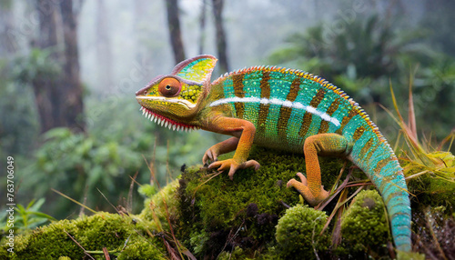 vibrant chameleon perches on moss its multicolored scales standing out against a misty forest backdrop