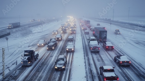 A highway stretches out its lanes frozen and impassable due to a massive pileup of cars and trucks caught in a severe winter storm.