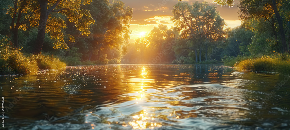 Sunset in the forest, Beautiful lake view. Created with Ai