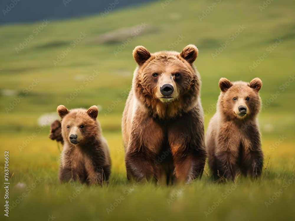 Brown bear ursus arctos mother with two cubs on green Brown bear ursus arctos mother with two cubs on green