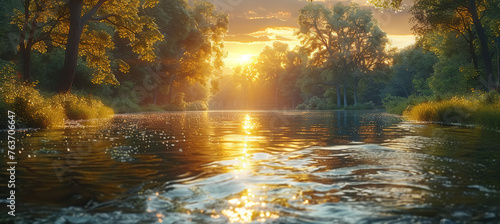 Sunset in the forest, Beautiful lake view. Created with Ai #763706647