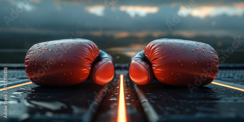 Red boxing gloves on dark floor with light, background with clouds. photo