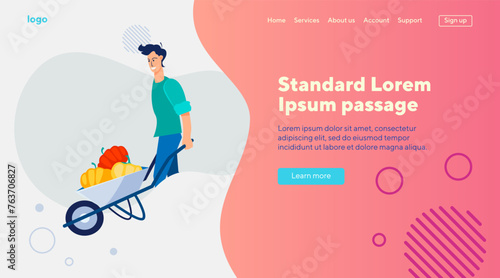 Male farmer gathering harvest. Young man wheeling barrow with vegetables flat vector illustration. Farming, gardening, autumn concept for banner, website design or landing web page