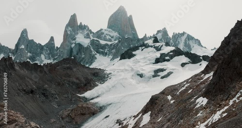 Fitz Roy Mountain During Winter In in Los Glaciares National Park, Patagonia, Argentina. - aerial shot photo
