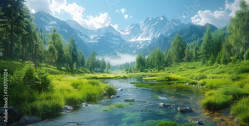 Landscape with lake and mountains. Created with Ai