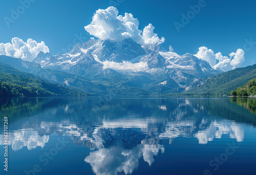 Big mountain reflection in the lake, Beautiful composition of image. Created with AI