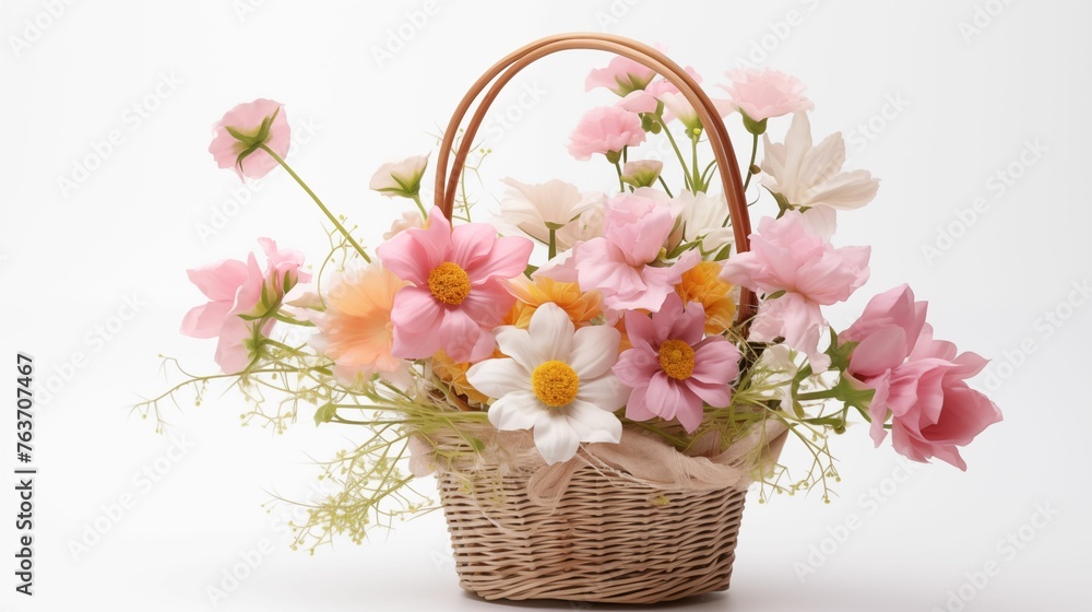 A Basket of Pink Flowers Against a White Background