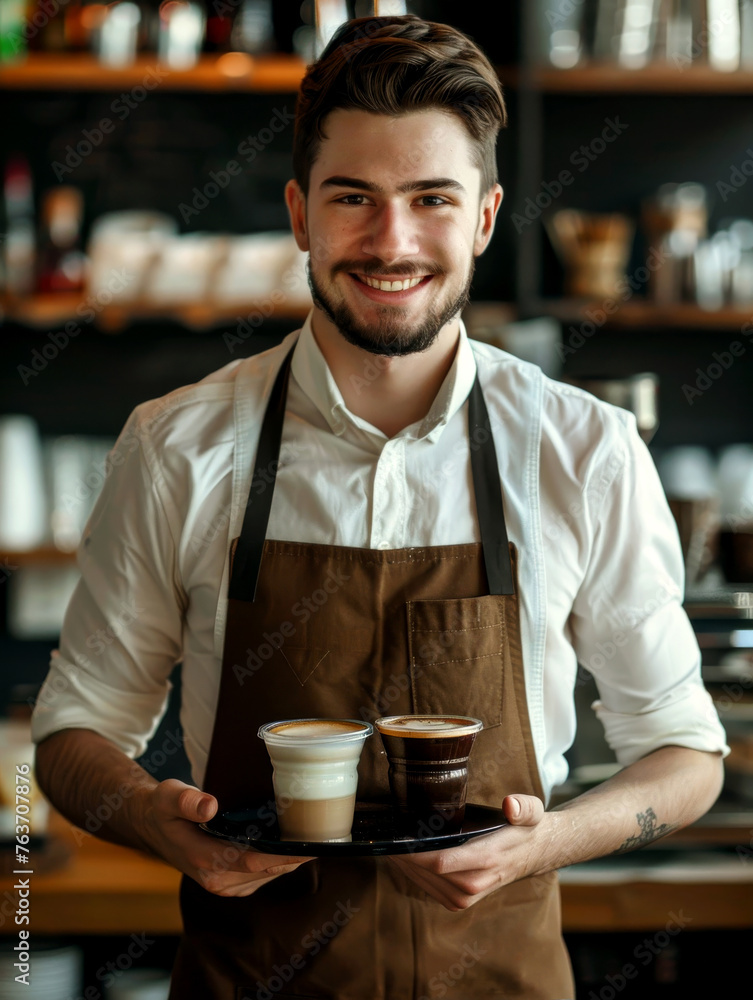 Cafe server brightens customers' day with tray of beverages Cafe server brightens customers' day with tray of beverages