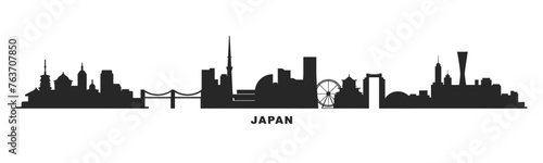 Japan country skyline with cities panorama. Vector flat banner, logo. Tokyo, Kyoto, Osaka, Yokohama, Kobe silhouette for footer, steamer, header. Isolated graphic