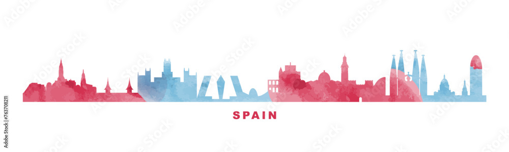Spain country watercolor skyline with cities panorama. Vector flat banner, logo. Madrid, Barcelona, Valencia, Alicante silhouette for footer, steamer, header. Isolated graphic
