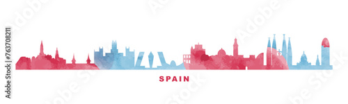 Spain country watercolor skyline with cities panorama. Vector flat banner, logo. Madrid, Barcelona, Valencia, Alicante silhouette for footer, steamer, header. Isolated graphic