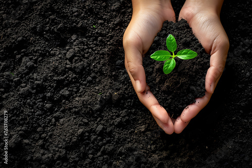 Young woman hands holding green, small tomato plant with ground. Early spring preparations for garden season. Closeup. Point of view shot.