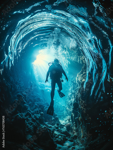 Deep-sea diver, wetsuit, brave explorer, uncovering lost relics in the abyss, venturing into the unknown, 3D render, spotlight, HDR