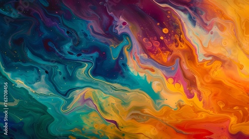 Dynamic and vivid, a cascade of liquid colors blending into a gradient wave, creating a visually captivating abstract composition that evokes a sense of movement.