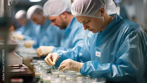 A woman in a lab coat is working with green liquid in a lab. She is wearing a white hat and gloves photo