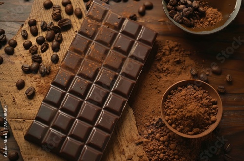 A bar of rich dark chocolate on a slate piece, with coffee beans scattered around and cocoa powder in a bowl, suggesting a delightful blend of flavors