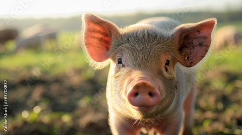 Small Pig Standing on Lush Green Field