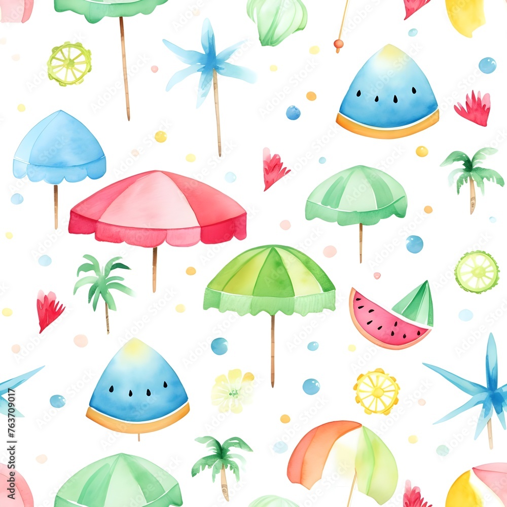 Seamless pattern of 
children's pattern on a white background, with watercolor elements, coconut tree, ball, float, parasol, popsicles, lemon, watermelon, soft colors