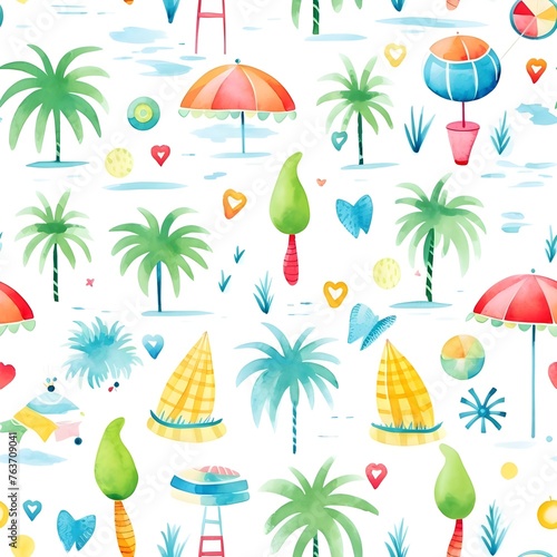 Seamless pattern of  children s pattern on a white background  with watercolor elements  coconut tree  ball  float  parasol  popsicles  lemon  watermelon  soft colors