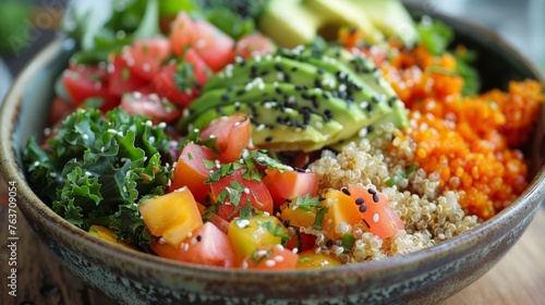 A bowl overflowing with a variety of colorful salads each containing a unique combination of superfoods such as quinoa kale and avocado. These light and refreshing dishes