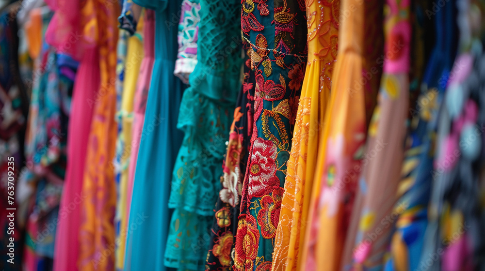 Close up portrait of floral design beautiful stylish frocks dresses hanging on a rack at clothing store