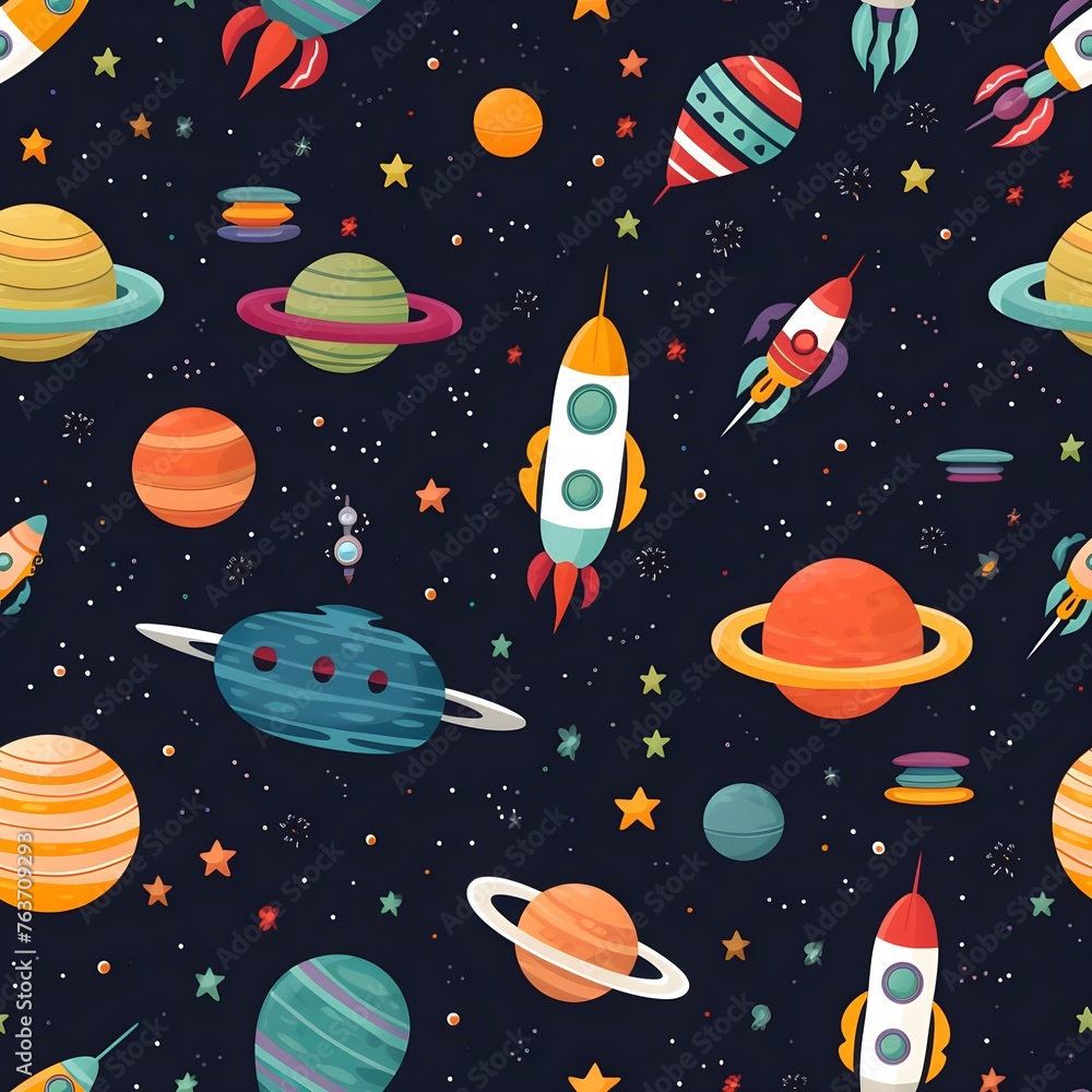Seamless pattern of spaceships and stars and galaxies based on sci-fi movies Seamless pattern of spaceships and stars and galaxies based on sci-fi movies