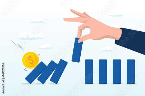 Businessman hand stop domino effect or financial chain reaction collapse, stop loss or effort to avoid market crash or banking collapse, economic recession, problem prevention, help or rescue (Vector)