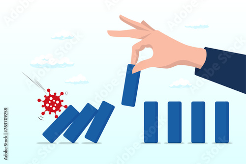 Stop domino effect of market, economics collapse, financial crisis from COVID-19 Coronavirus flu outbreak, COVID-19 pathogen impact domino create fall domino effect but hand pick one to stop (Vector)